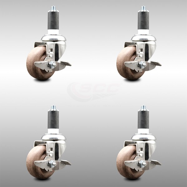 Service Caster 3 Inch 316SS High Temp Glass Filled Nylon 1-1/4 Inch Stem Caster Set Brake SCC SCC-SS316EX20S314-GFNSHT-TLB-114-4 - main